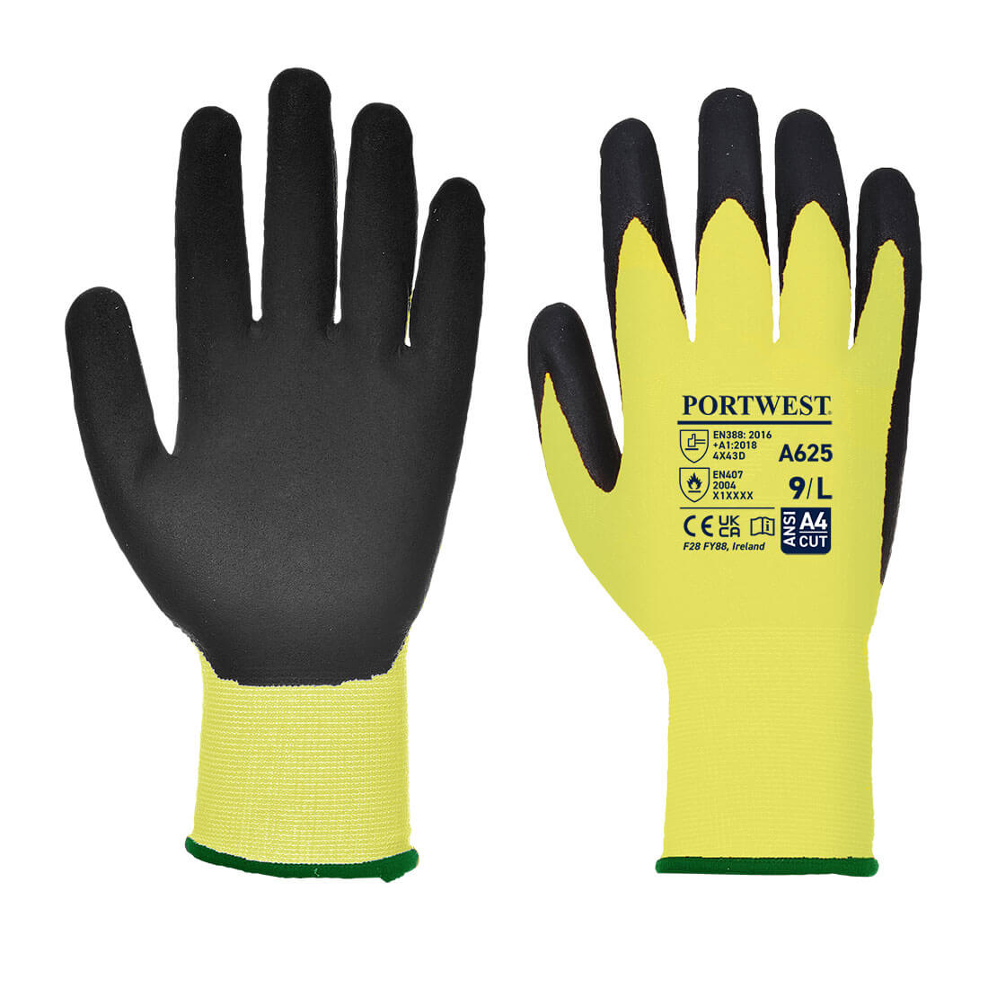 A625 Portwest® Vis-Tex Hi-Vis Yellow PU Foam Coated Cut-Resistant Work Gloves